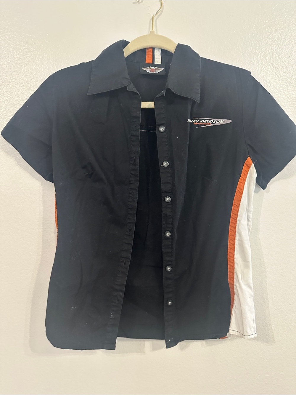 Harley-Davidson Black Button-Down Shirt with Orange & White Panels